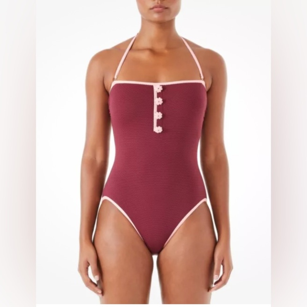 Kate Spade New York Burgundy Textured One Piece Swimsuit Floral Buttons XS NEW